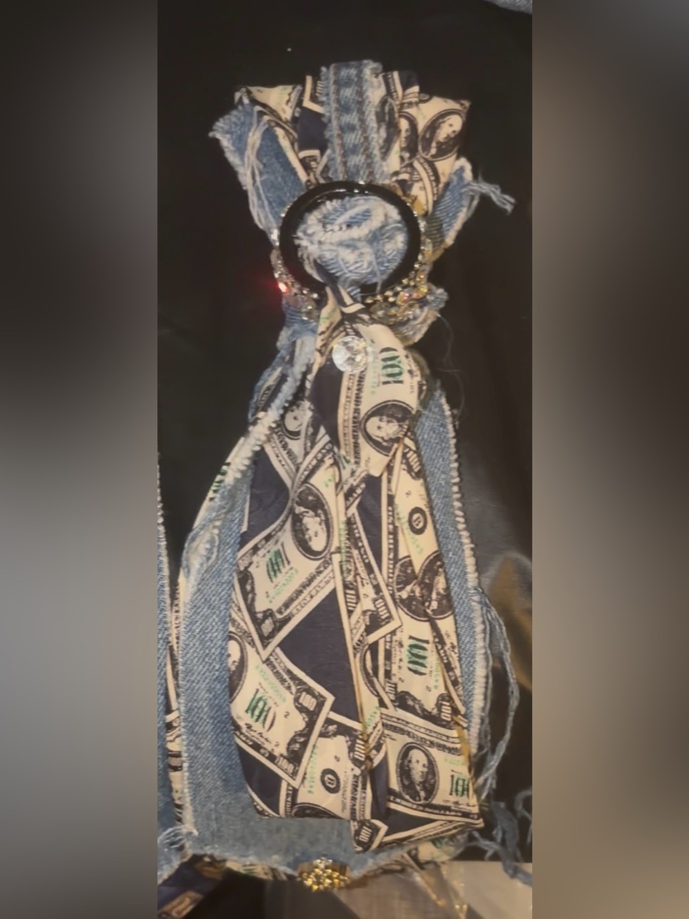 Stylish Blue Denim and Money-Print Hair Scarf Tie